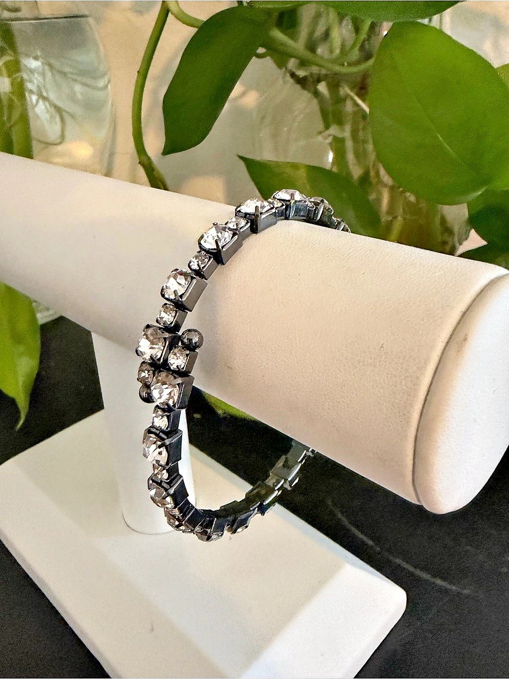 Vintage Crystal Rhinestone Gunmetal Bangle Bracelet